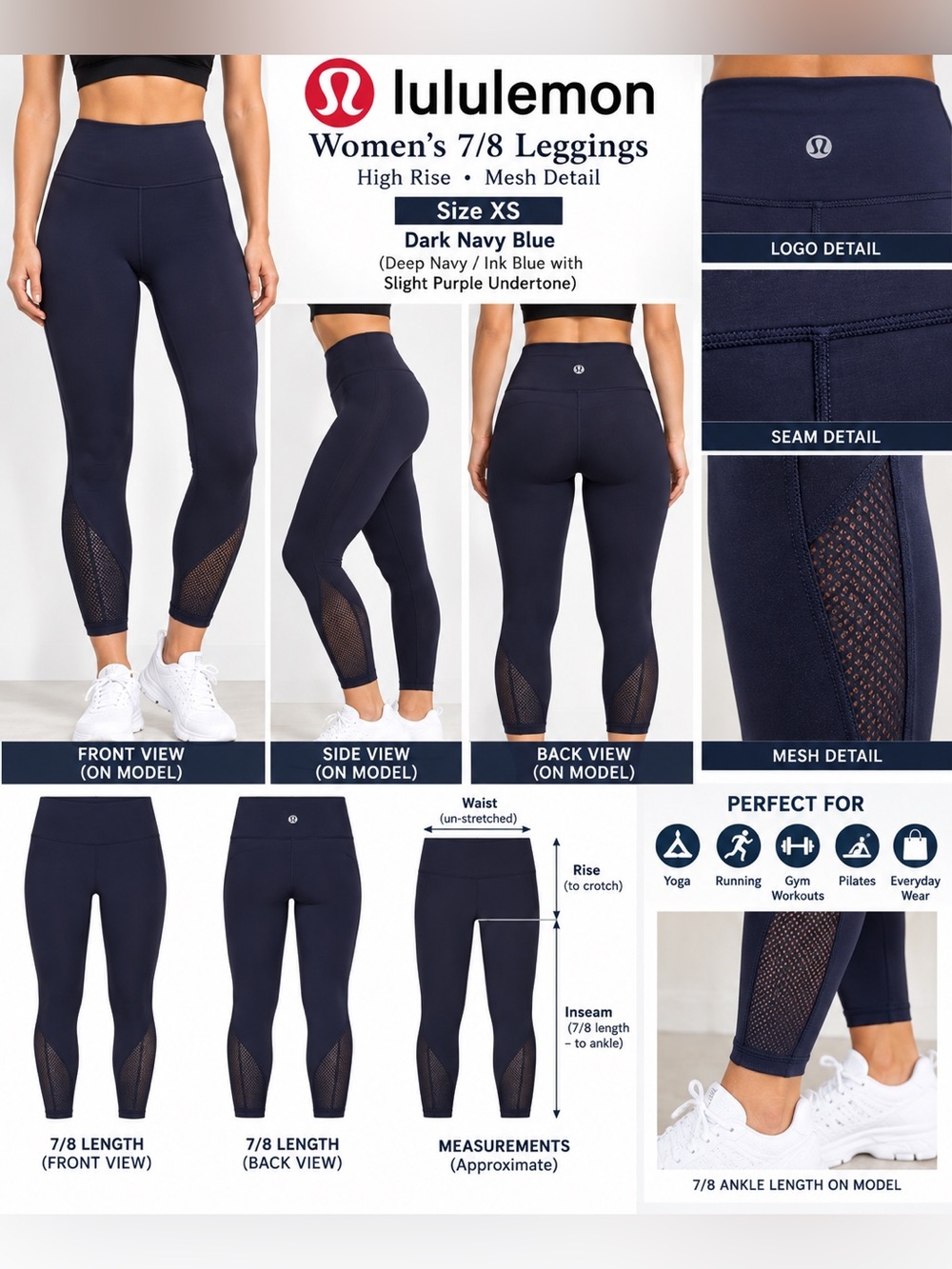 Lululemon Women’s 7/8 Leggings XS Dark Navy Blue Mesh Detail High Rise